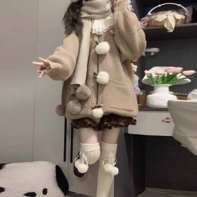 小个子女装卡其毛衣针织开衫半身裙百褶裙学院温柔秋冬季两件套装