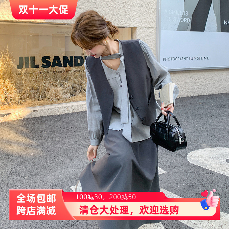 【梦玫】25春意法灰色西装马甲半身裙三件套女高级感气质穿搭套装