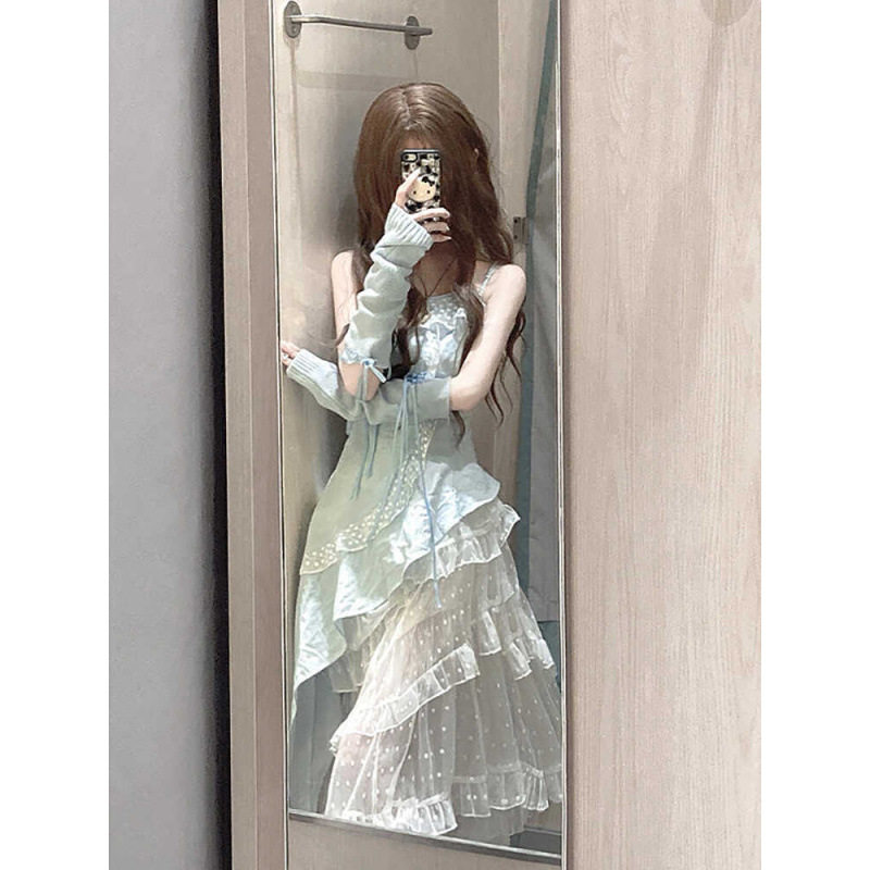 蕾丝荷叶吊带背心连衣裙上衣女不规则裙摆时尚气质甜美度假风仙气