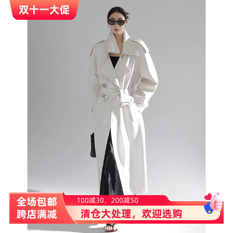荣太重工铆钉设计感长款风衣外套女装2025春季新款斜纹肌理感大衣