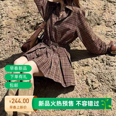 复古格子翻领长袖连衣裙子女2025秋季新款慵懒松弛感显瘦百褶短裙