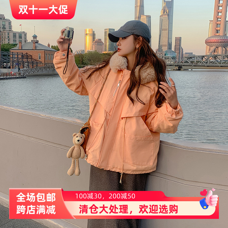 实拍韩版宽松连帽大毛领派克服外套女冬保暖加绒加厚休闲工装棉衣