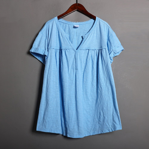 2026年夏季小清新V领简约时尚短袖T恤休闲百搭套头宽松半袖女上衣