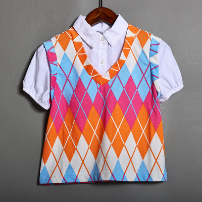2026年夏季新品少女菱形时尚翻领宽松拼色短袖衬衫短款格子上衣
