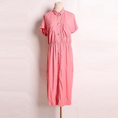 2025夏季新款过膝连衣裙时尚翻领收腰口袋百搭显瘦连衣裙短袖长裙