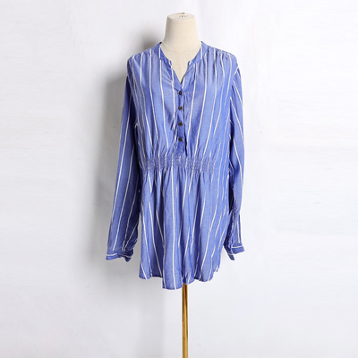 2025年春秋女式竖条纹文艺范翻领掐腰套头短款连衣裙清新衬衫裙