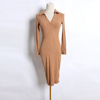 2026春秋季韩版弹力修身中长款连衣裙时尚翻领显瘦套头针织打底裙