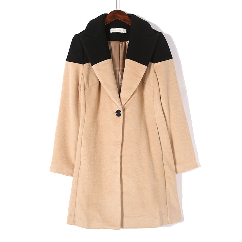 2024年秋冬女士大衣季翻领拼色一粒扣洋气韩版宽松长袖毛呢外套