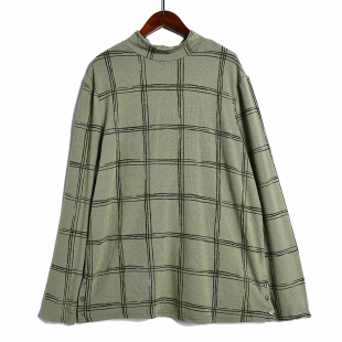 时尚 春季 T恤韩版 半高领格子打底长袖 宽松弹力休闲日常上衣 新品