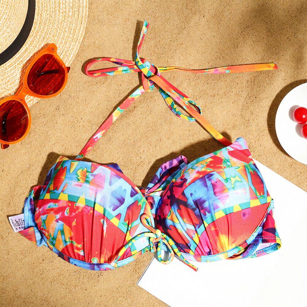 泳衣带胸垫带钢托彩色印花三角女士性感温泉海边度假风分体泳衣