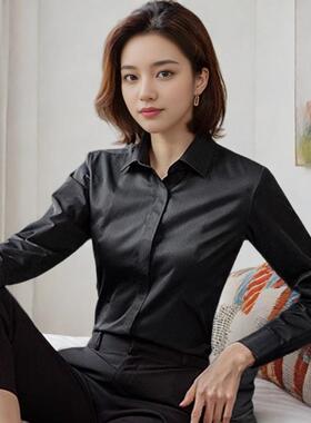 秋季方领黑色衬衫女长袖学生休闲职业装OL黑衬衣打底衫修身工作服