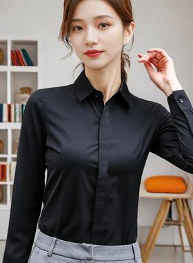 黑色衬衫女长袖打底衫时尚洋气职业内搭气质春秋修身白衬衣工作服