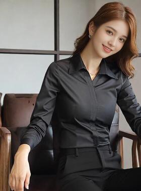韩版职业长袖衬衫女春秋气质正装衬衣银行酒店前台黑色衬衣工作服
