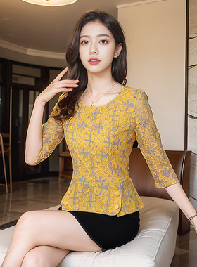 蕾丝衫女夏2024夏新款遮肚子高贵洋气上衣超仙中袖打底衫收腰小衫