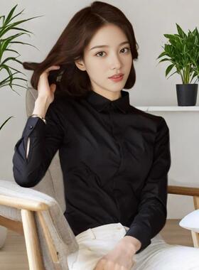 韩版春秋新款女士长袖衬衫商务休闲职业工装暗门襟黑色衬衣防走光