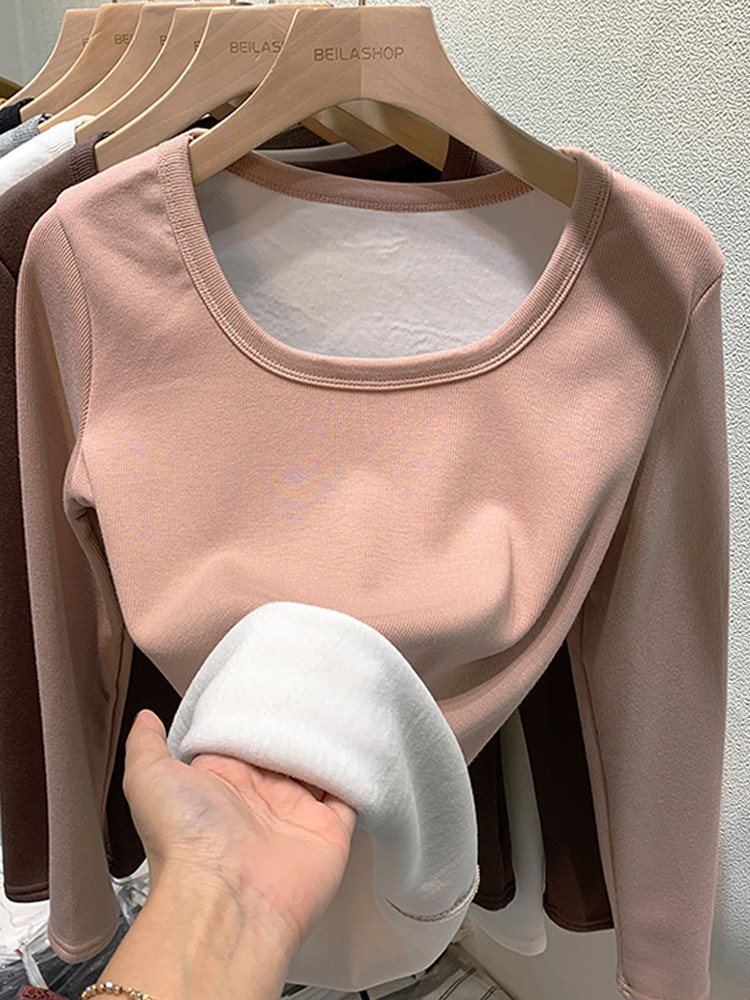 유럽풍 벨벳 바닥 셔츠 가을 겨울 이너웨어 2024 새로운 스타일 슬림핏 탑 따뜻하고 도톰한 긴팔 티셔츠