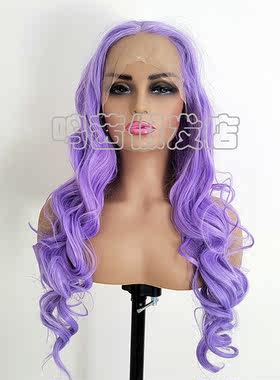 薰衣草浅紫色卷发女士前蕾丝手勾化纤整顶假发全头套女高温丝wigs