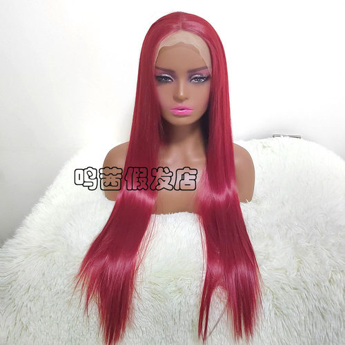 亮酒红色整顶假发前蕾丝化纤头套女士长直发高温丝 Lace Wigs