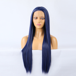 wig 深蓝直发女士挑染前蕾丝手勾化纤整顶假发全头套女高温丝lace