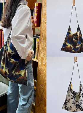 中国风水墨晕染花朵双面大容量文艺提花布包休闲慵懒牛皮绳单肩包