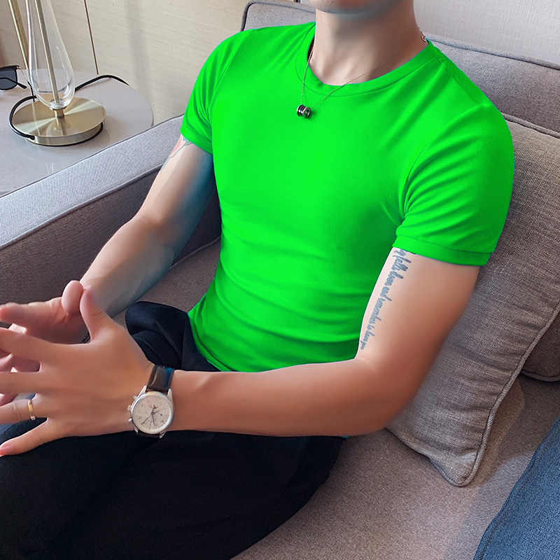 2025青年修身社会小伙男新款运动紧身短袖t恤纯色打底衫潮流韩版
