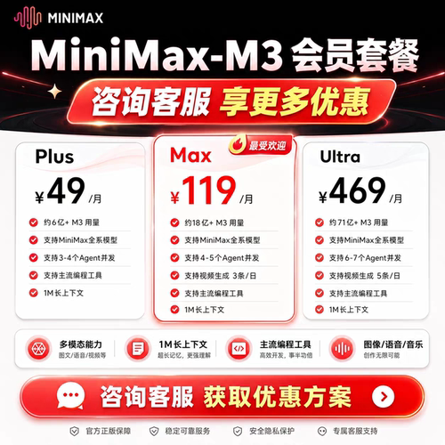 MiniMax-M3大模型月卡 Tokenplan订阅 1M长上下文 多模态API