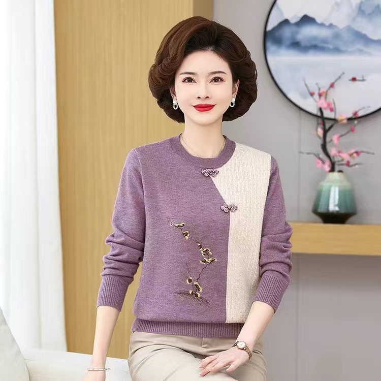 春季打底衫女圆领内搭可外穿撞色国风长袖紫色中老年针织衫女贴身
