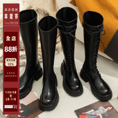 柒步森林厚底后拉链弹力骑士靴系带高筒长靴子女秋冬季 2025年新款