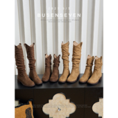 柒步森林废土风V口高筒堆堆靴骑士靴子女2026秋冬季 西部长靴 新款