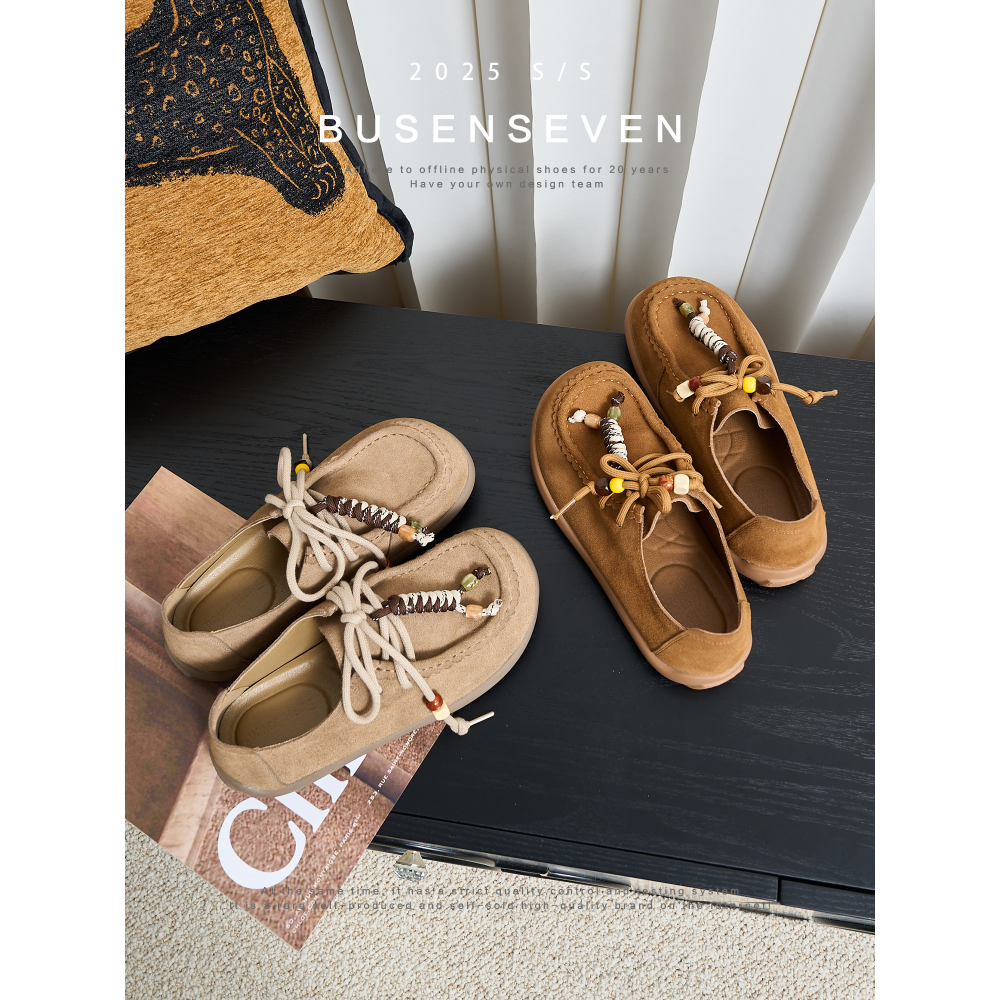 柒步森林牛反绒串珠许愿结系带袋鼠鞋时尚潮流单鞋子女秋2025新款