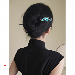 烧蓝发簪新中式国风女高级感气质日常通勤盘发簪子古风汉服发饰新