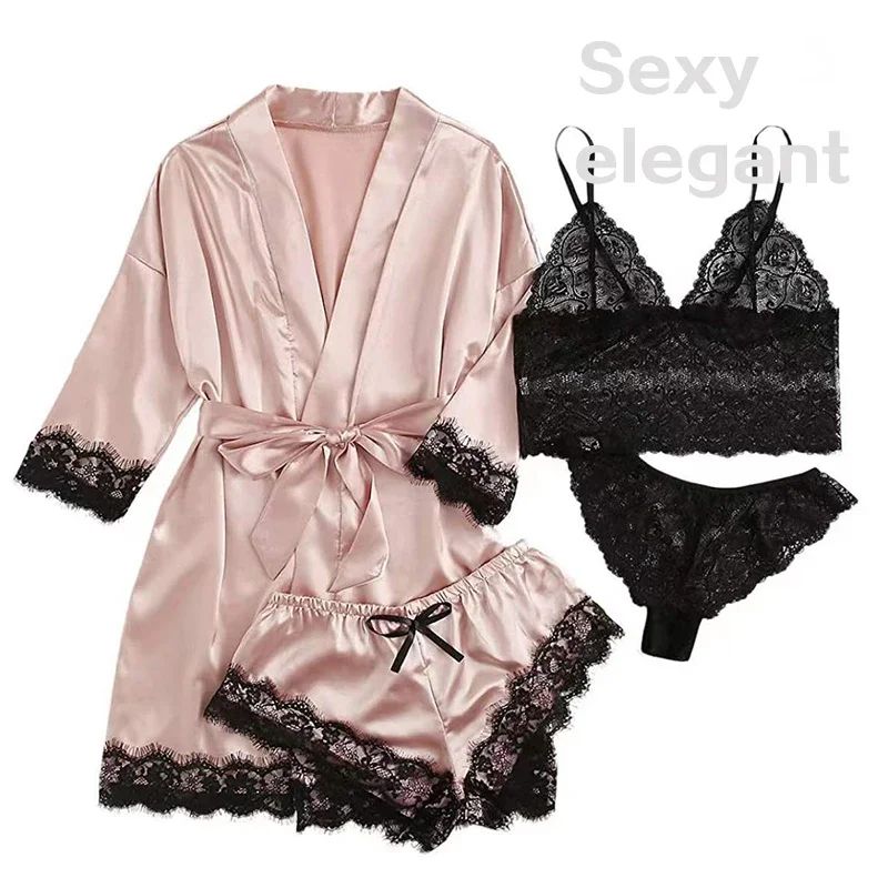 4 Pieces Woman Sleepwear Pajamas Ser With Robe Sexy Lace Lin