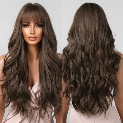 Brown Wavy Wigs for Women with Bangs Long Natural Synthetic