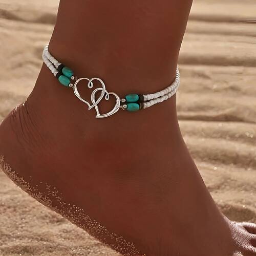 Vintage Layer Beaded Hollow Double Heart Anklet for Women