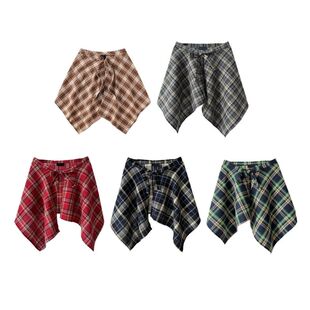 Unisex Checkered Layered Short Wrap Skirt Irregular Pleated