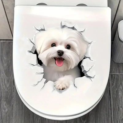 1pc Creative 3D Cracked Animal Dog Toilet Sticker, Adorable