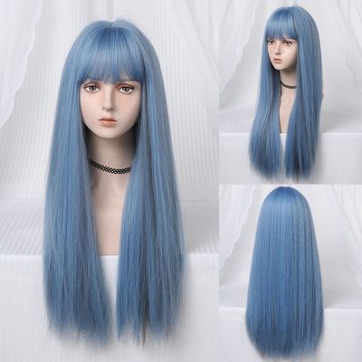 Long Straight Synthetic Wigs Light Blue with Ash Highlight C