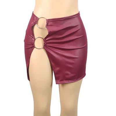 Imitation Leather Metal Ring Side Split Mini Skirt Women