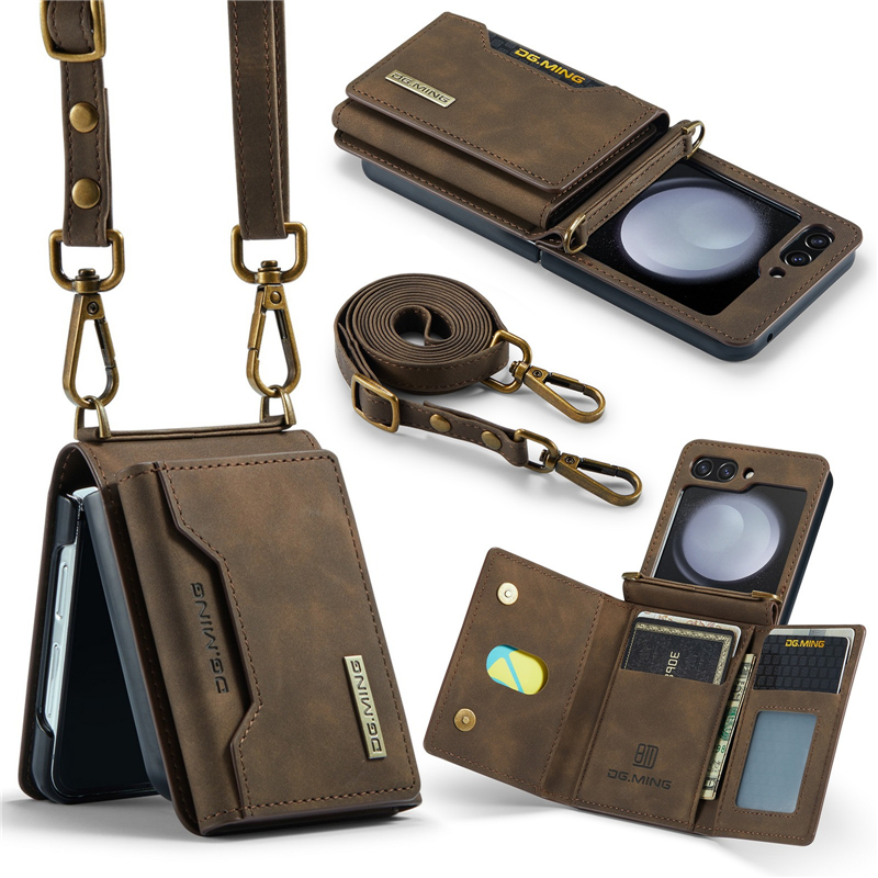 适用于三星Galaxy Z Flip5插卡钱包手机壳Z Flip4肩带卡包保护皮套