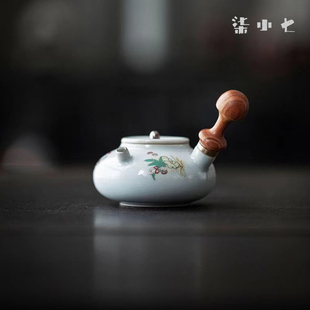 文人器胡桃木手柄手执小品壶家用泡茶壶日式 复古蝴蝶陶瓷侧把壶