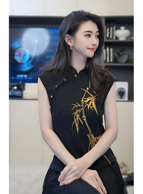 小乖逃D新中式国风黑色衬衫黑色马甲竹子叶子夏季休闲J0001