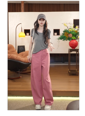 小乖逃JX双色！粉色白色牛仔裤长裤直筒显瘦收腰潮流百搭款M9533