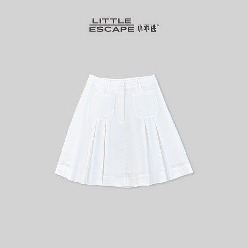 小乖逃JX白色压褶短裙裤高腰后腰双贴袋A字防走光棉麻半裙WL0006