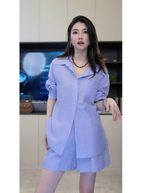 小乖逃D休闲时尚紫色衬衫蕾丝衬衫花边袖百搭M8871