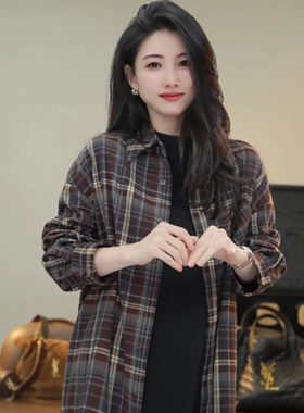 小乖逃双色！时尚设计感黑色格子衬衫翻领复古宽松秋季N95295