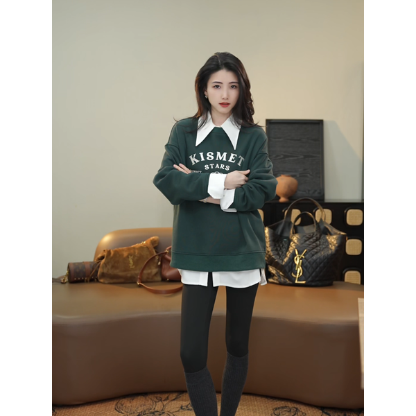 小乖逃休闲舒适墨绿色卫衣秋冬KI字母美式卫衣圆领宽松S25712