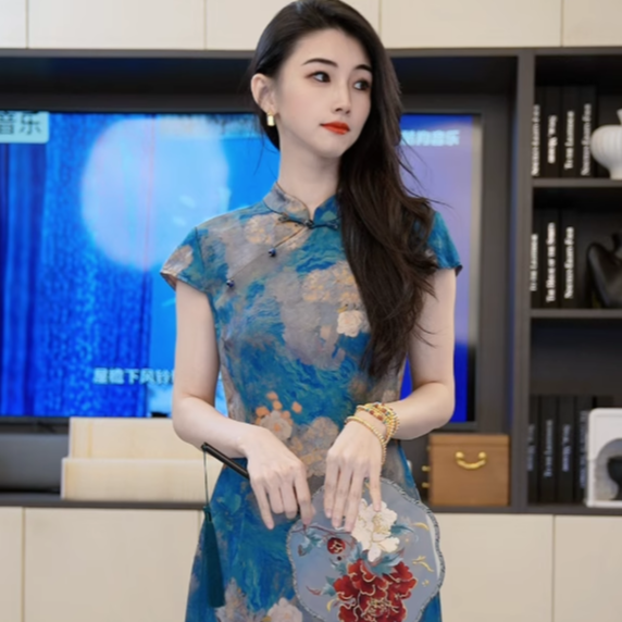 小乖逃25新中式国风灰蓝色旗袍立领盘扣小盖袖孔雀蓝连衣裙 M9011