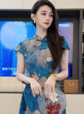 小乖逃25新中式国风灰蓝色旗袍立领盘扣小盖袖孔雀蓝连衣裙 M9011