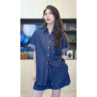 小乖逃休闲时尚衬衣藏蓝衬衫单口袋百搭上衣M8802