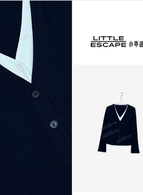 小乖逃时尚藏蓝T恤打底V领假两件拼白色长袖针织衫慵懒长袖N95153